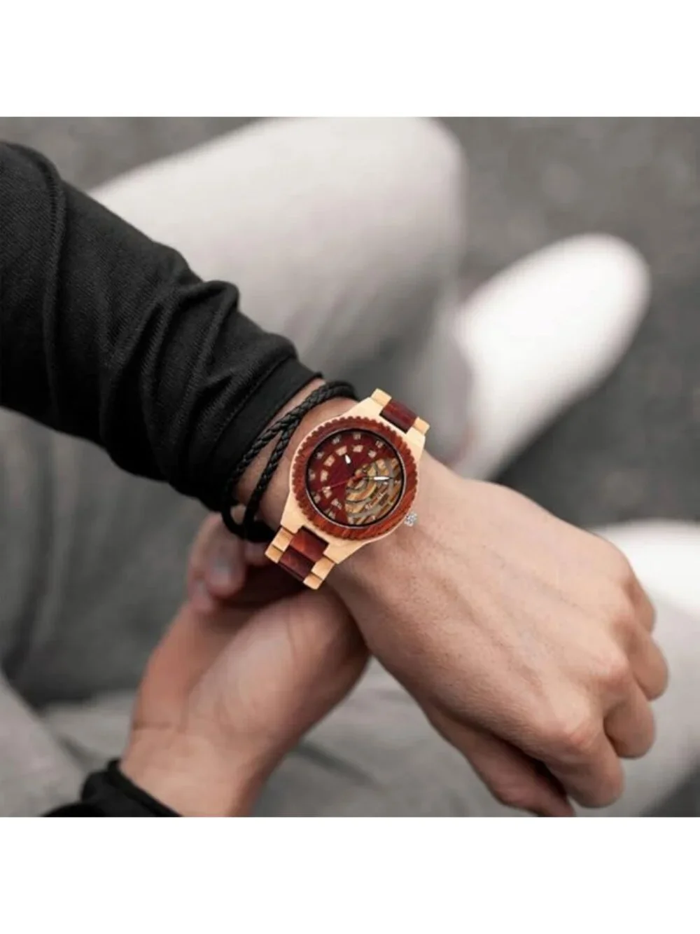 Men Watch Colorful Two Tone Wooden Handmade Analog Dial Quartz Casual Wristwatch